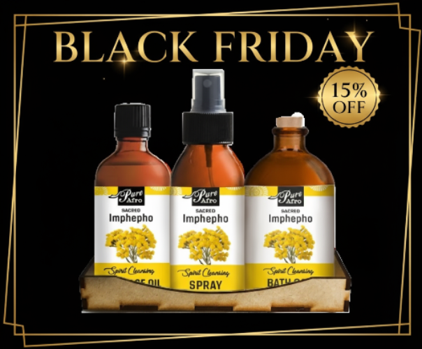 Three bottles of Imphepho products on a black background with 'Black Friday' text and 15% off offer.