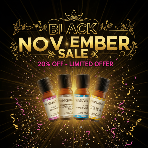 Promotional image for Essential Oil Bundle For Mood Boosting_Black November Sale with essential oil bottles and decorative text on a dark background.