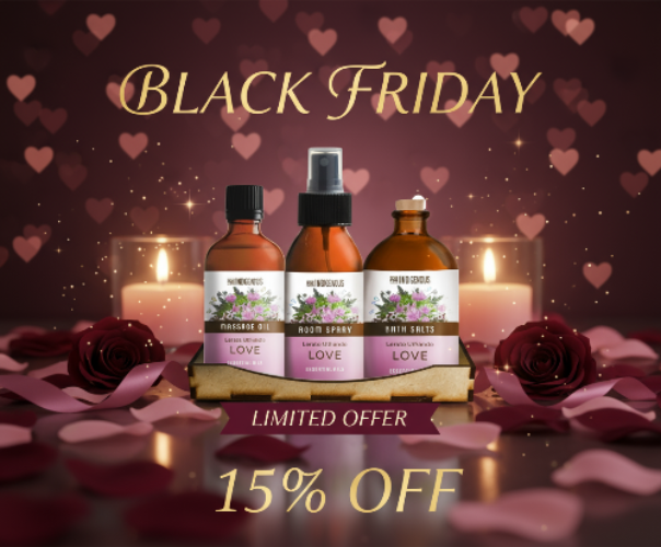 Three bottles with labels on a wooden block, surrounded by candles and roses, with 'Black Friday' text and '15% OFF' offer.