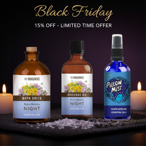 Three bottles of  Night Time essential oils with a Black Friday sale banner.