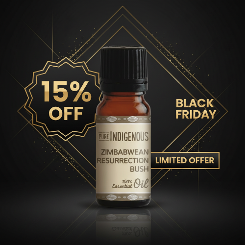 Bottle of Zimbabwean Resurrection Bush essential oil with Black Friday promotion on a dark background