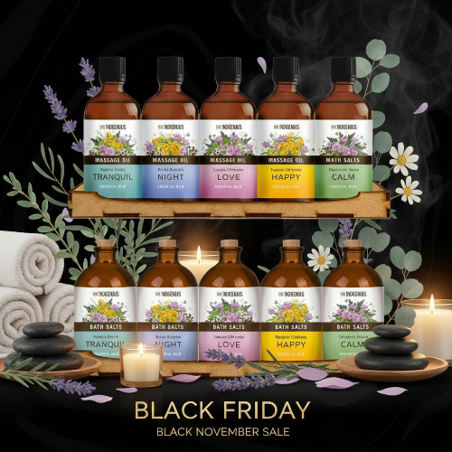 Set of massage oil and bath salt bottles with colorful labels on a wooden stand.