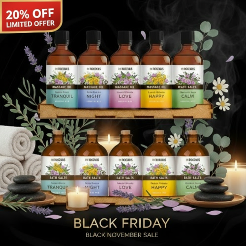 Collection of massage oil and bath salt bottles with labels on a wooden stand, surrounded by decorative elements and candles.