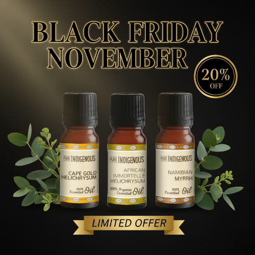 Three essential oil bottles with labels on a black background, featuring 'Black Friday November' text and a discount offer.