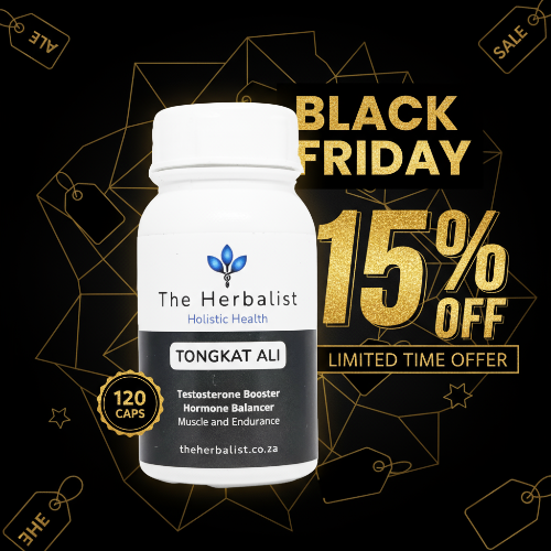 Bottle of Tongkat Ali supplement with Black Friday sale text on a black background.