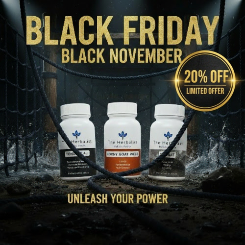 Promotional image for 'Black Friday' and 'Black November' with 'The Herbalist' supplement bottles.