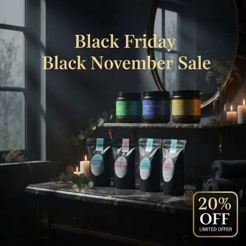 Candle packaging on a shelf with 'Black Friday Black November Sale' text and '20% OFF' offer.