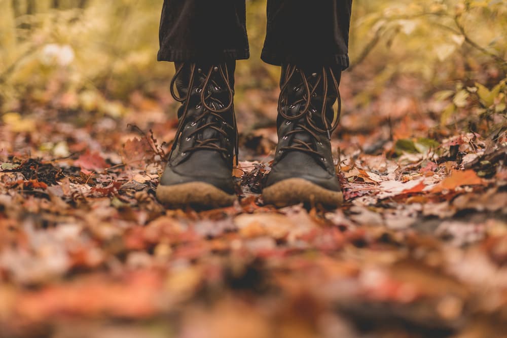 Person wearing black boots walking on a leaf-covered autumn path in a forest_ZestySpititz